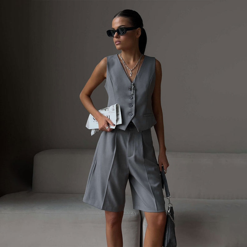 Vest Jacket Spring Summer V Neck Single Breasted Vest Straight Shorts Set