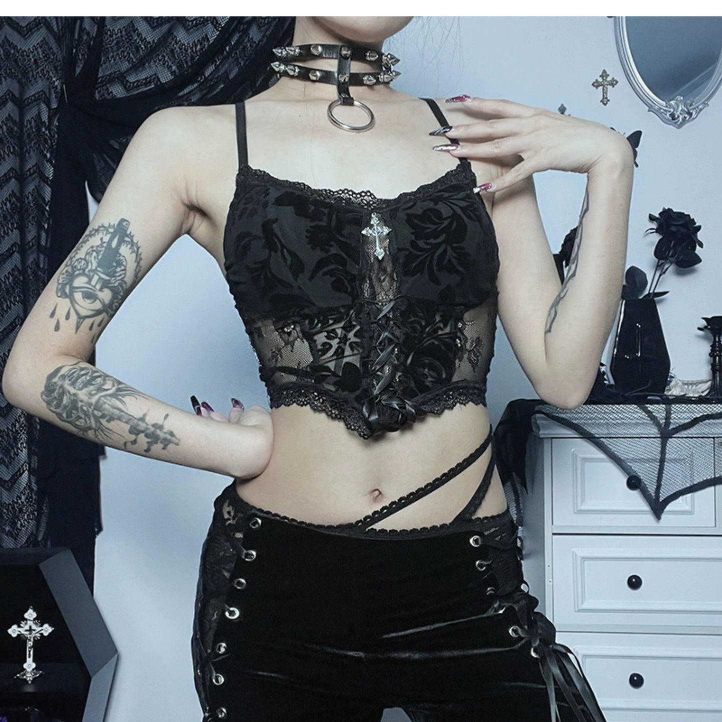 Wannathis Gothic Lace Ensemble - Black Sheer Flared Pants, Brocade Camisole, and Bell Sleeve Bolero