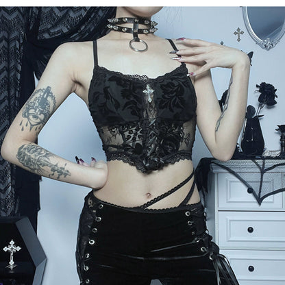 Wannathis Gothic Lace Ensemble - Black Sheer Flared Pants, Brocade Camisole, and Bell Sleeve Bolero