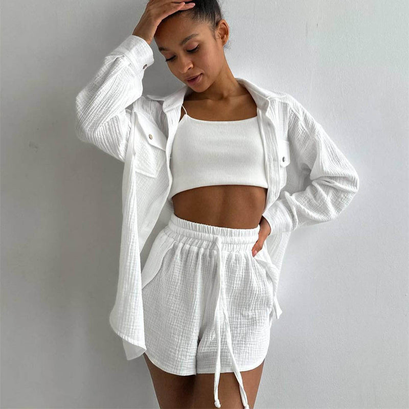 Clothing Spring Collared Loose Shirt High Waist Shorts Two Piece Set Set
