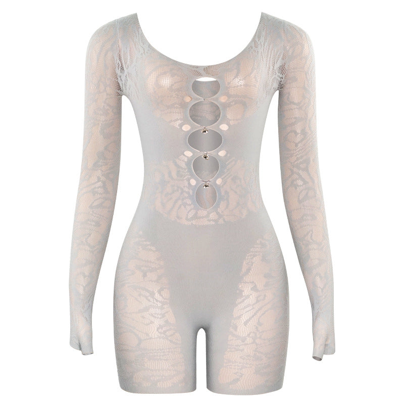 Summer See Through High Waist Long Sleeves Skinny Sheath Yoga Jumpsuit