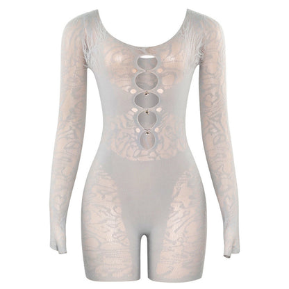 Summer See Through High Waist Long Sleeves Skinny Sheath Yoga Jumpsuit