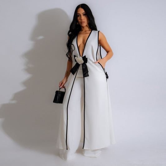 Camellia Bow Sleeveless Long Vest Wide Leg Pants Set