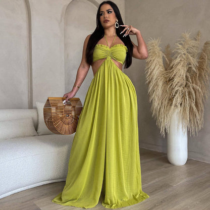 Source Chiffon Chest Wrapped Bare Back Wide Leg Jumpsuit Clothing