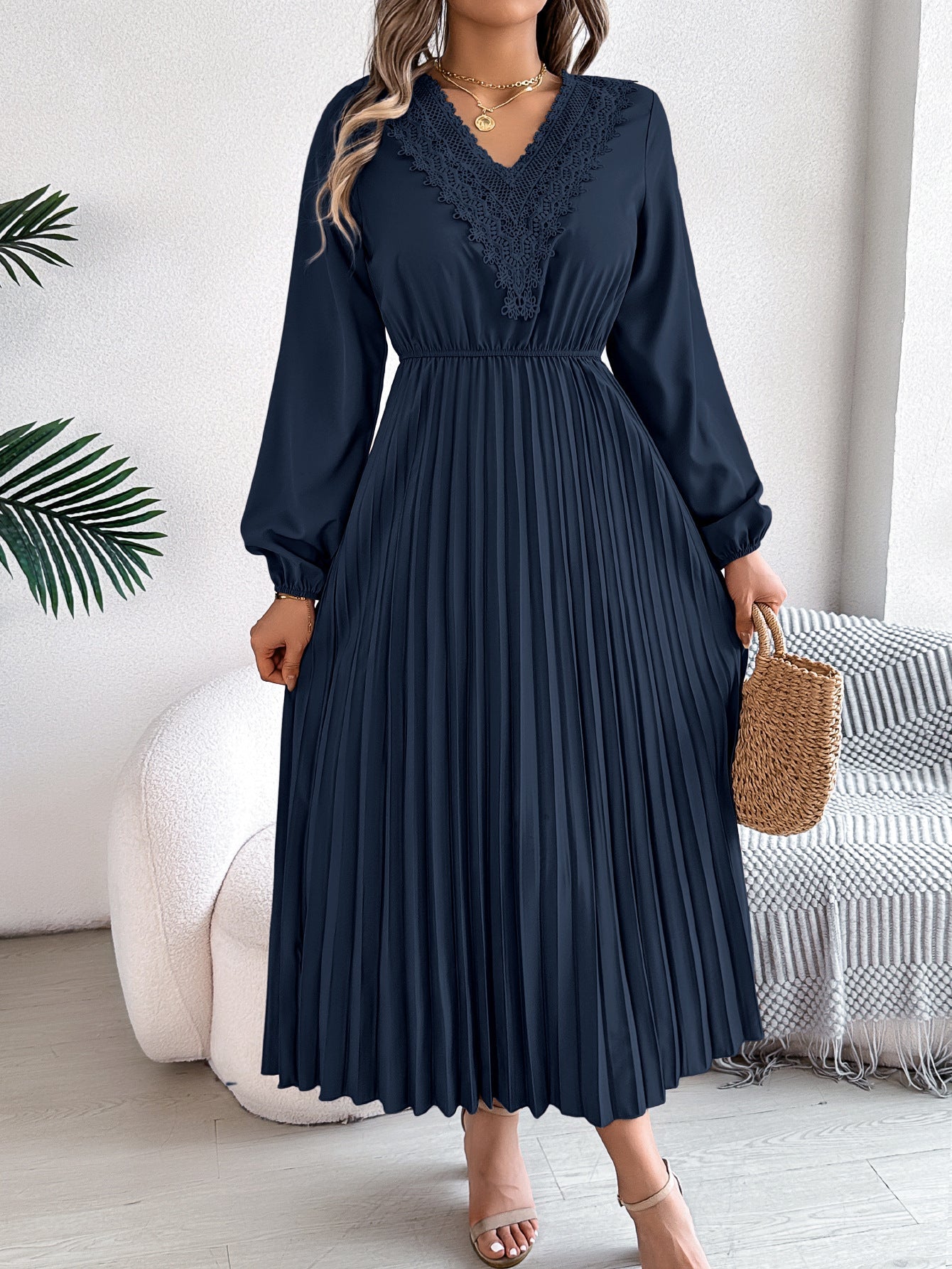 Spring Summer V Neck Lace Cinched Pleated Maxi Dress Clothing