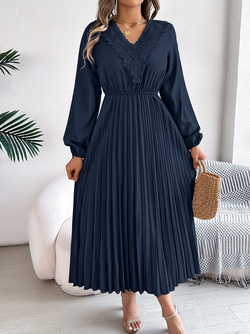 Spring Summer V Neck Lace Cinched Pleated Maxi Dress Clothing