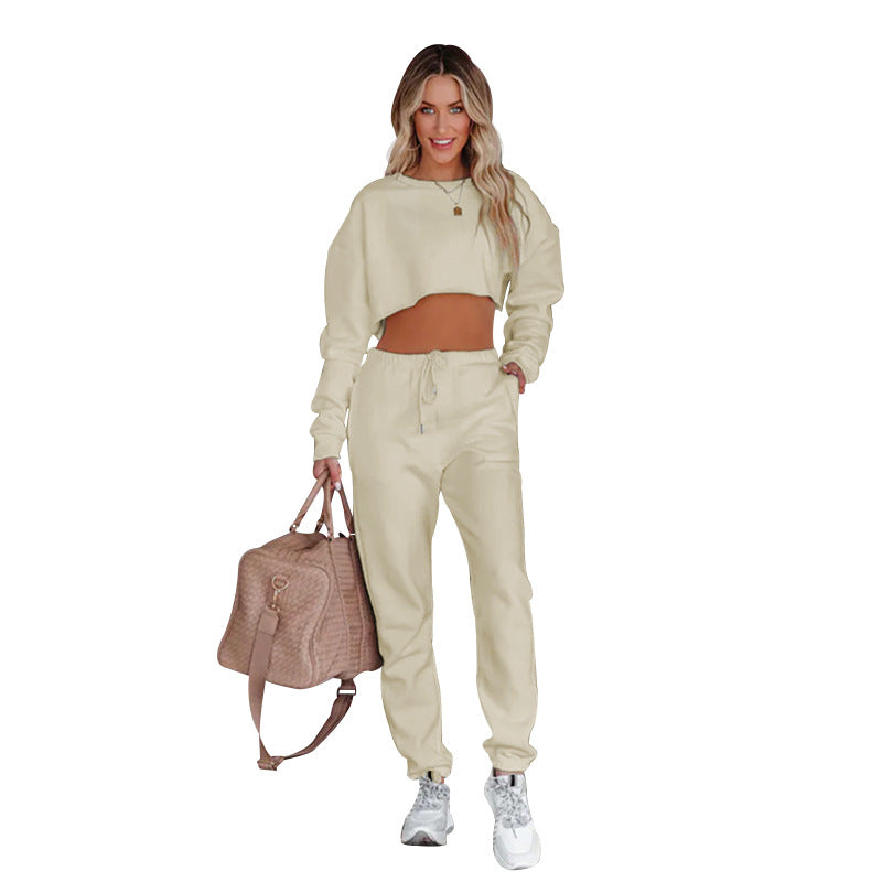 Autumn Winter Color Round Neck Pullover Cropped Long Sleeve Sweaters ’s Clothing Drawstring Trousers Suit