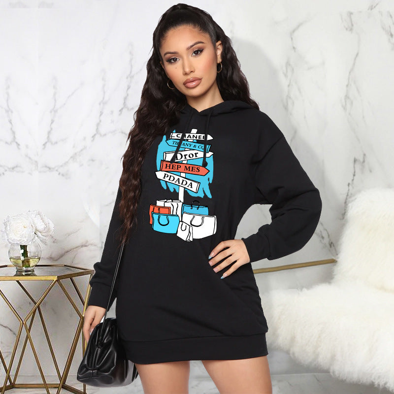 Autumn Winter Fleece Sweater Print Hooded Mid Length Top