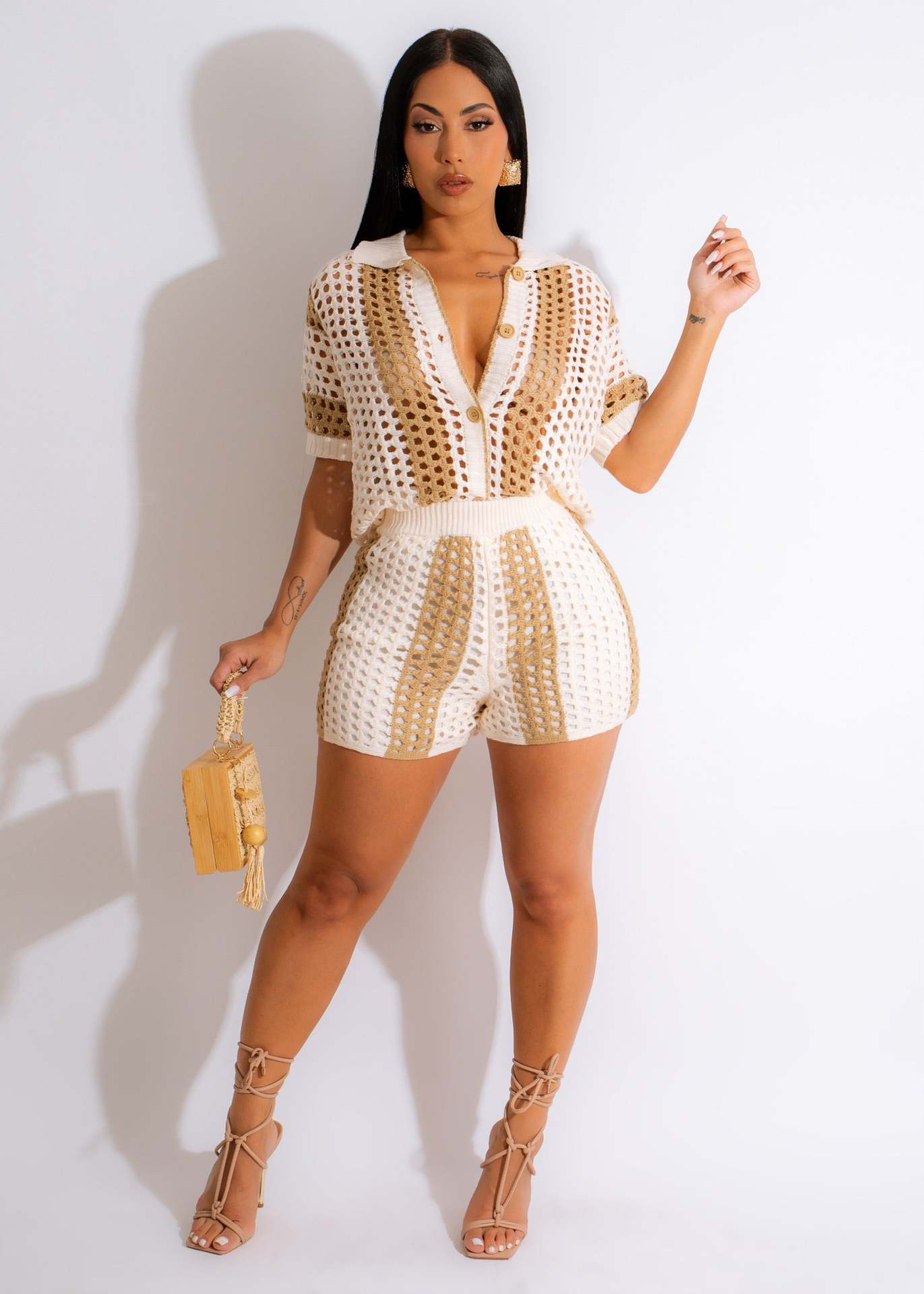 Clothing Hollow Out Cutout Out See Through Collared Knitted Shorts Suit