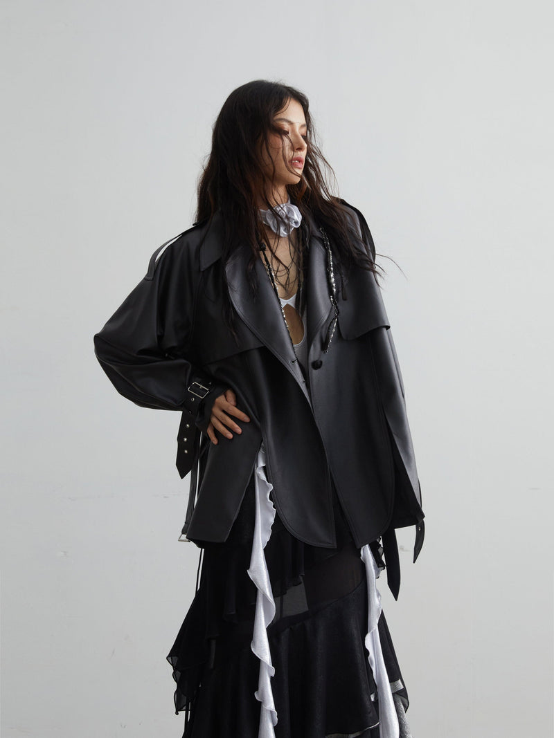 Matte Leather Short Coat With Slit Design