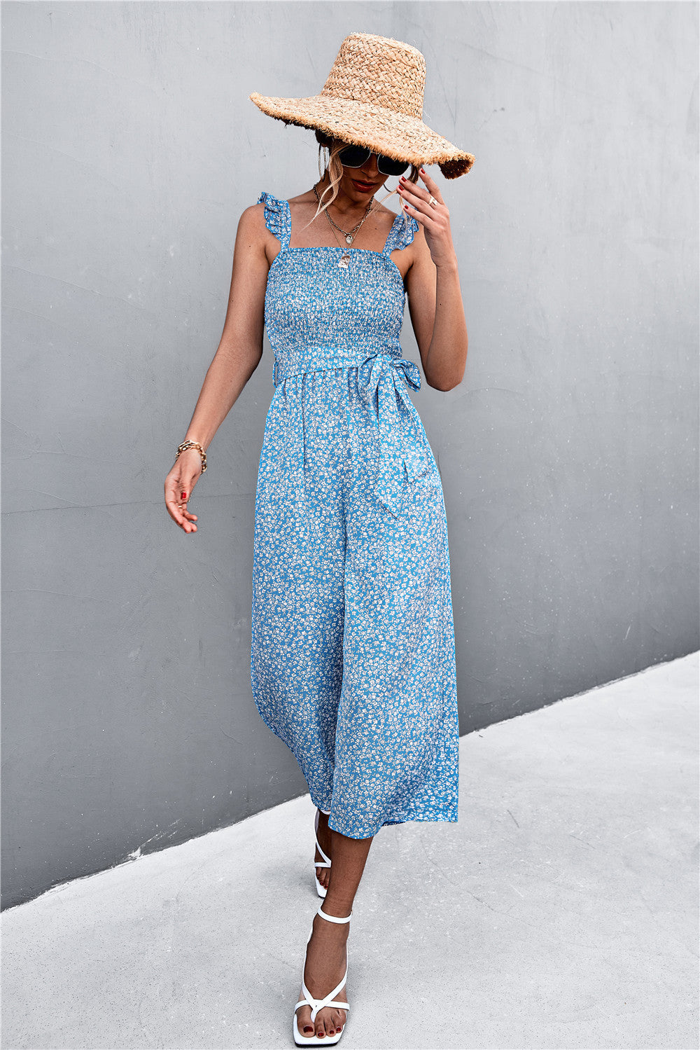 Spring Summer Flying Sleeves Belt Smocking Jumpsuit