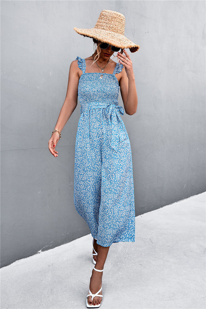 Spring Summer Flying Sleeves Belt Smocking Jumpsuit