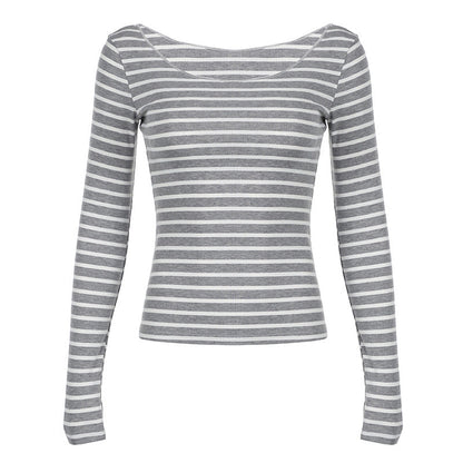 Off Shoulder Striped Lightweight Slim Fit Long Sleeve Blouse Off Shoulder Simple All Match Slim Fit Shirt
