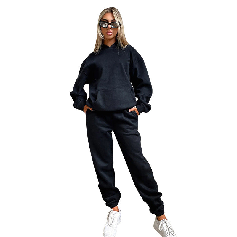 Autumn Winter Color Long Sleeve Hooded Fleece Lined Sweater Trousers Sets