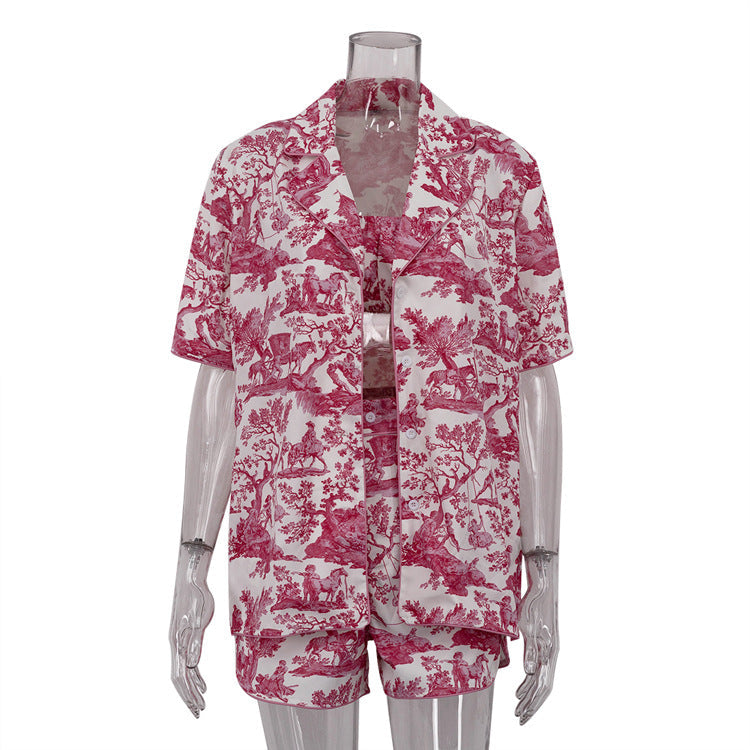 Chinese Ink Printing Shirt Suspender Shorts Three Piece Retro Set Clothing