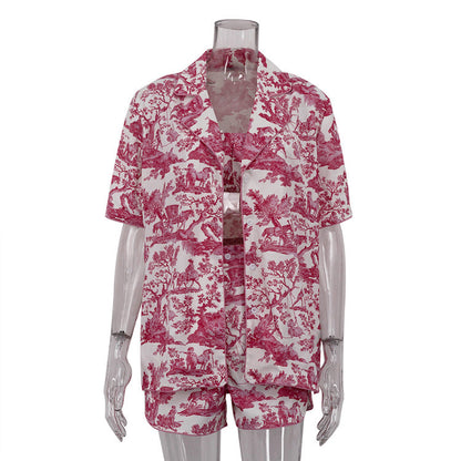 Chinese Ink Printing Shirt Suspender Shorts Three Piece Retro Set Clothing
