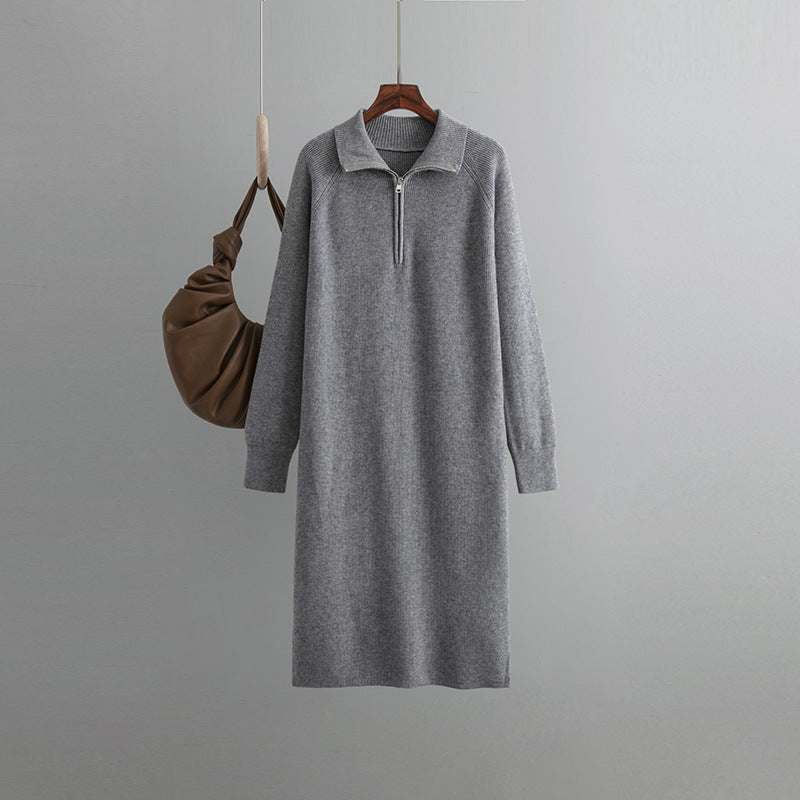 Knitted Dress Spring Autumn High Grade Idle Zipper Pullover Outerwear Overknee Sweater