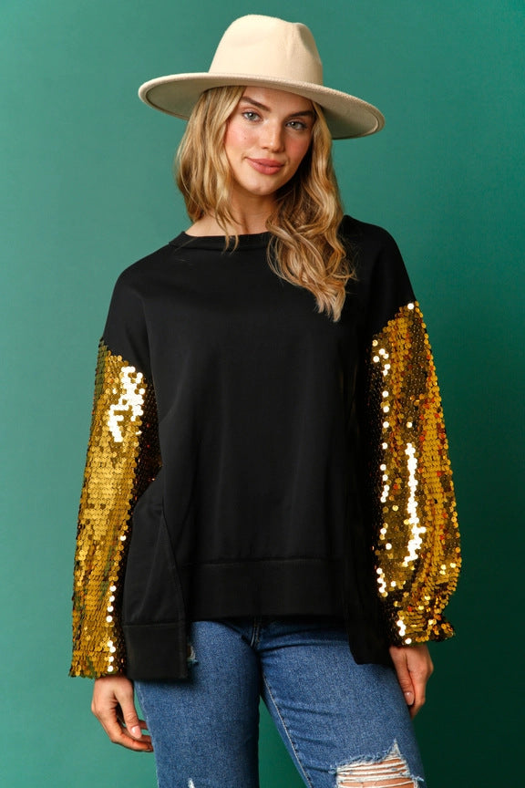 Autumn Winter Christmas Sequined Sleeve Top Stitching Long Sleeve Sweatshirt
