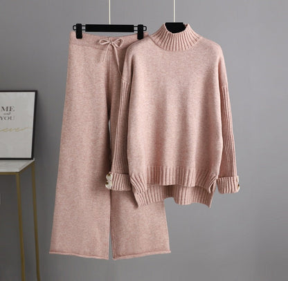 Autumn Winter Knitting Suit Semi-high Collar Sweater Thickened Outer Wear Loose Two Piece Set