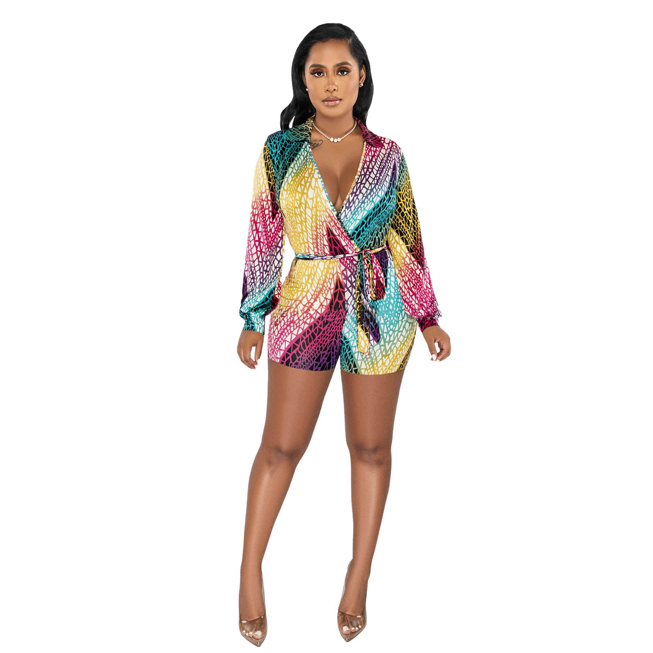 Clothing Spring Summer Deep V Plunge Neck Color Printed Lace Up Jumpsuit