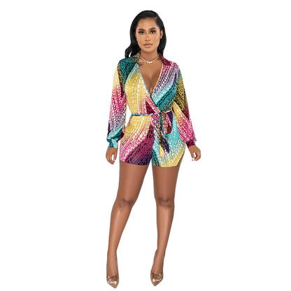 Clothing Spring Summer Deep V Plunge Neck Color Printed Lace Up Jumpsuit