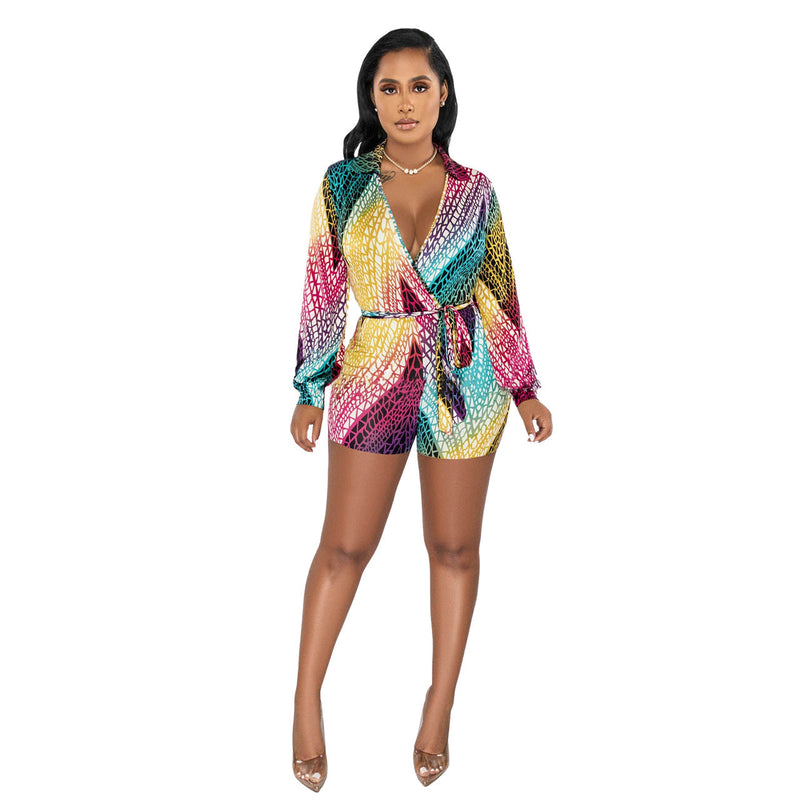 Clothing Spring Summer Deep V Plunge Neck Color Printed Lace Up Jumpsuit