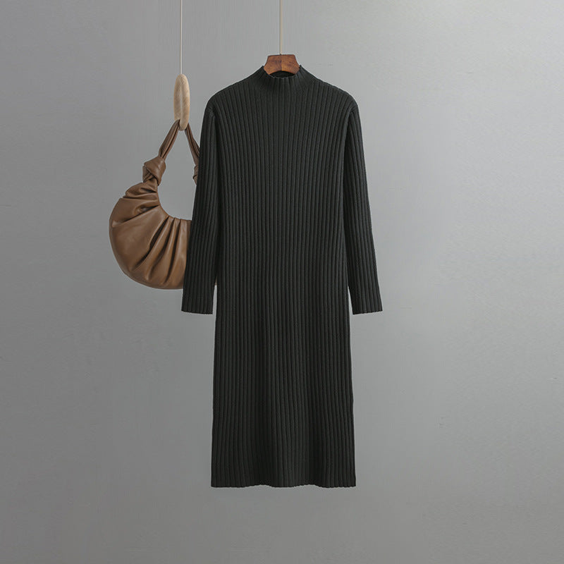 Knitted Bottoming Dress, Autumn Winter Half High Collar Mid Length Dinified Sweater Over the Knee