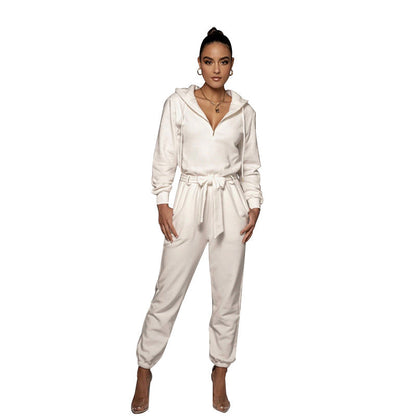 Autumn Winter Slim Fit Long Sleeve Color Hooded Half Open Collar Urban Jumpsuit
