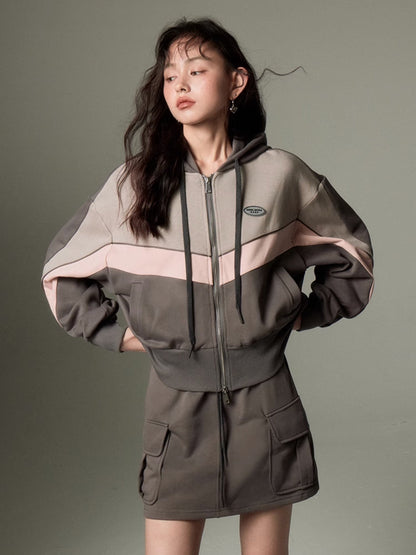 Sporty Zip-up Hoodie & Flared Skirt