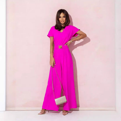 Clothing Color V Neck Tight Waist Short Sleeve Trousers Jumpsuit