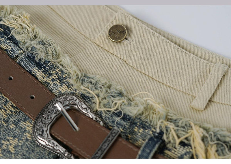 Cest Nous Layered Denim Mini Skirt - Distressed Patchwork Skirt With Belt