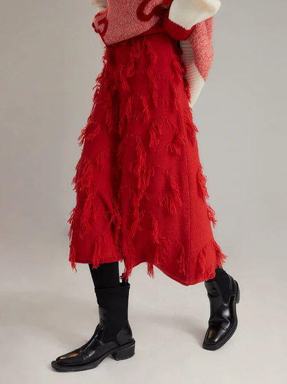 Red Distressed Midi Skirt With Frayed Texture