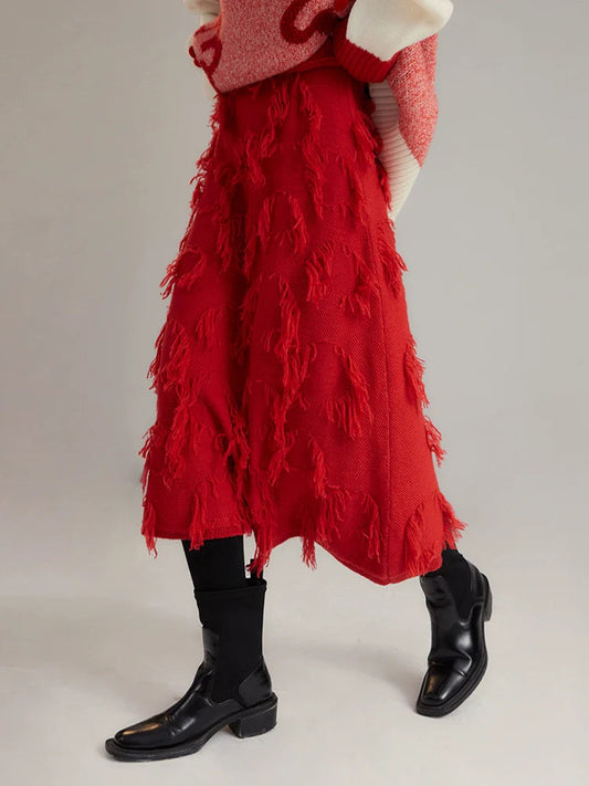 Red Distressed Midi Skirt With Frayed Texture