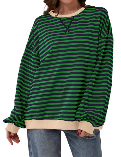 Striped Round Neck Loose Long-sleeved Sweatshirt