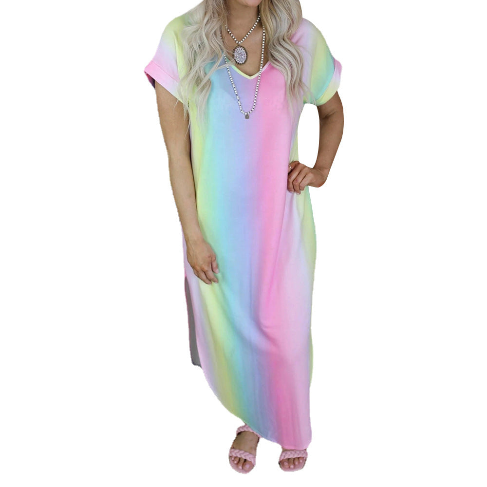 Summer Clothing Tie-dye Printed V-neck Short Sleeve Loose Dress Maxi Dress