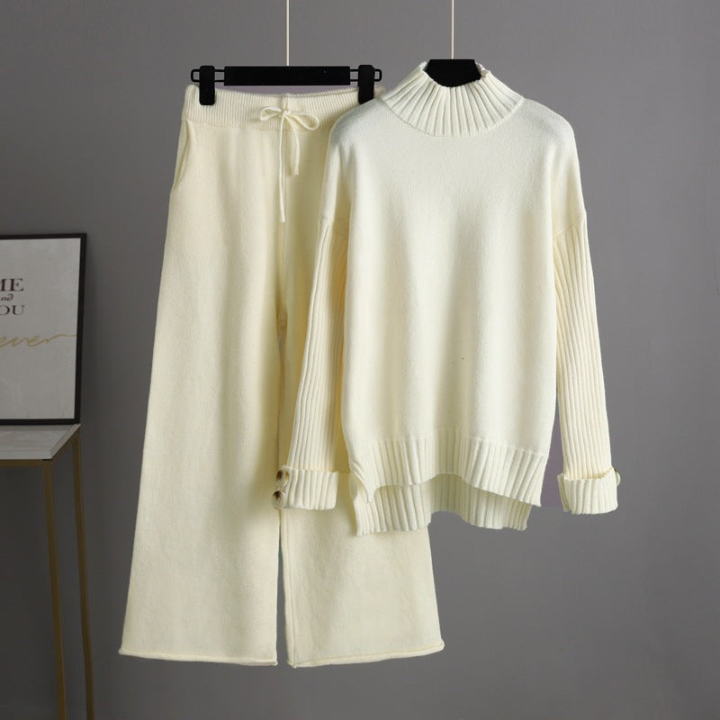 Autumn Winter Knitting Suit Semi-high Collar Sweater Thickened Outer Wear Loose Two Piece Set