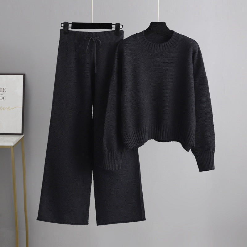 Autumn Winter Knitting Work Pant Korean Loose Sweater Wide Leg Pants Pants Two Piece Set