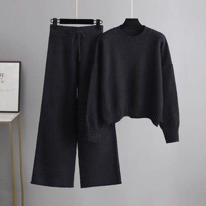 Autumn Winter Knitting Work Pant Korean Loose Sweater Wide Leg Pants Pants Two Piece Set