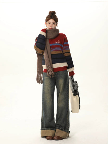 Red Color-block Striped Knit Sweater