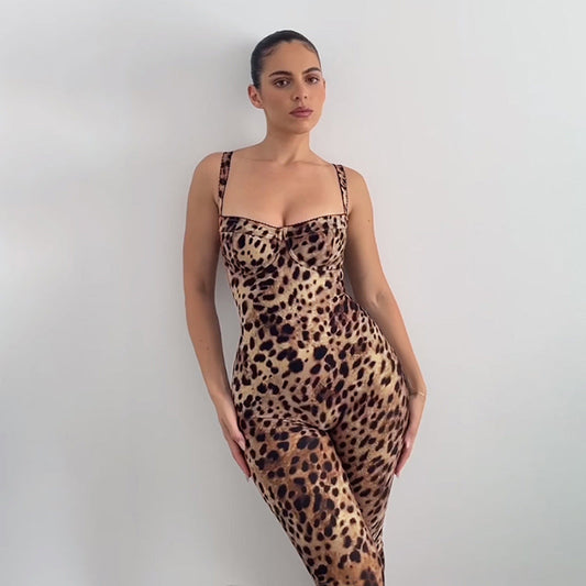 Spring Sling Backless Leopard Print High Waist Tight Hip Lifting Jumpsuit