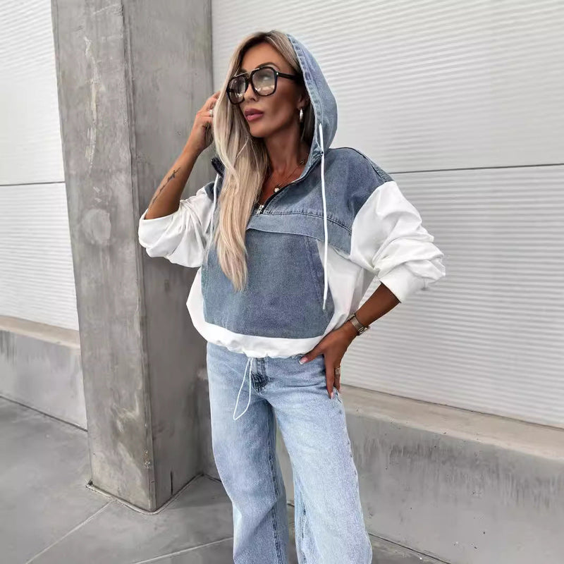 Fall Loose Washing Water Denim Stitching Hooded Sweatshirt