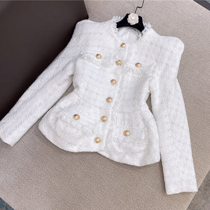 Autumn Winter Chanel-style White Shiner Tweed Coat Jacket Shorts Suit Two-piece Set