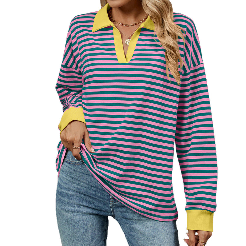 Autumn Winter Contrast Color Lapels Loose Long Sleeve Striped Sweater for