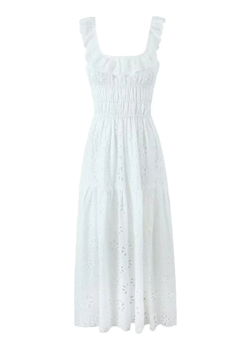 Fiorella Embroidered Maxi Dress – Eyelet Cotton Dress With Open Back & Ruffle Straps
