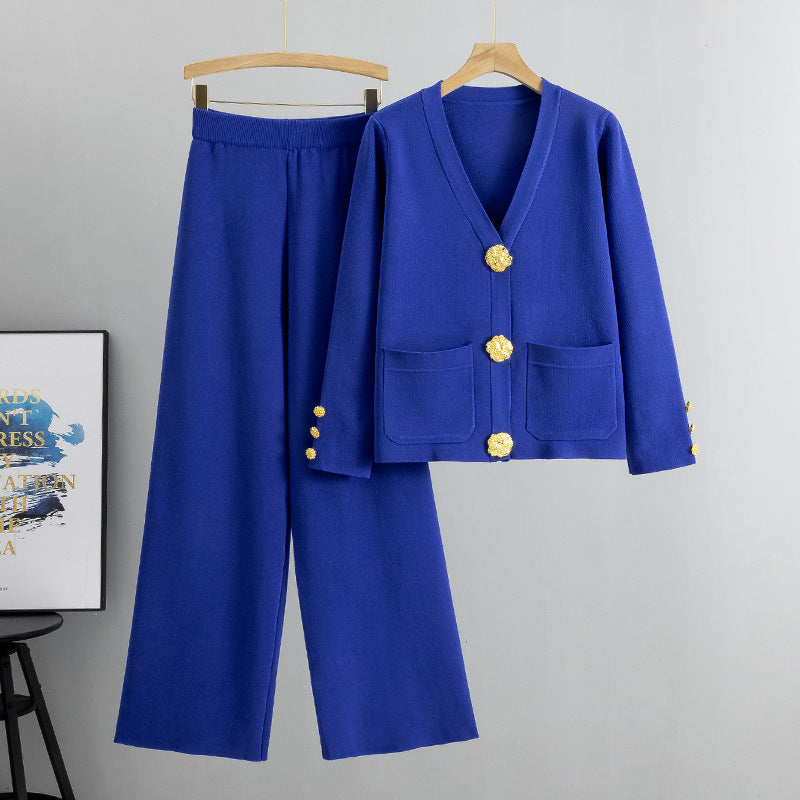 Two Piece Set Autumn Winter Wild Metal Buckle Knitted Cardigan Sweater Wide Leg Pants Set