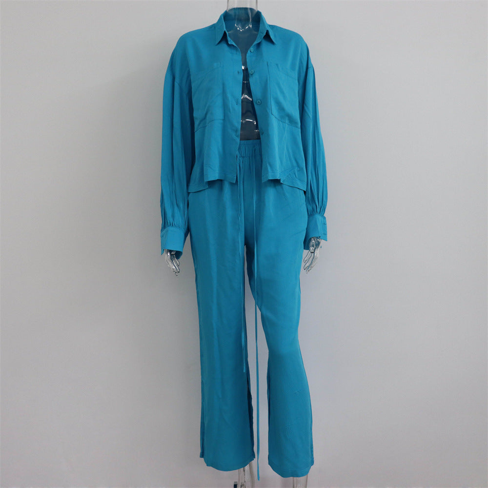 Commuting Wear Spring Summer Polo Collar Shirt Top Split Wide Leg Pants Two Piece Set Set