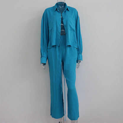 Commuting Wear Spring Summer Polo Collar Shirt Top Split Wide Leg Pants Two Piece Set Set