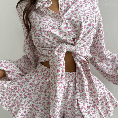Clothing Long Sleeve Collared Shirt Ruffled Shorts Two Piece Set