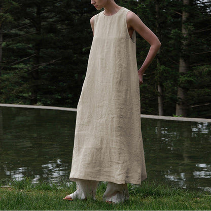 Cotton Linen Maxi Dress Summer French Pastoral Sleeveless Backless Hollow Out Cutout Niche Loose Maxi Dress