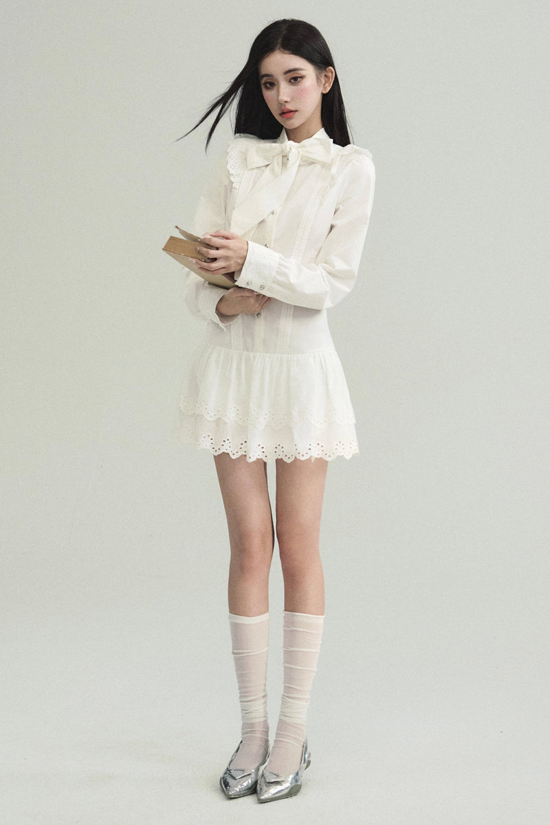 Romantic White Lace Mini Dress With Bow Tie Collar and Scalloped Hem